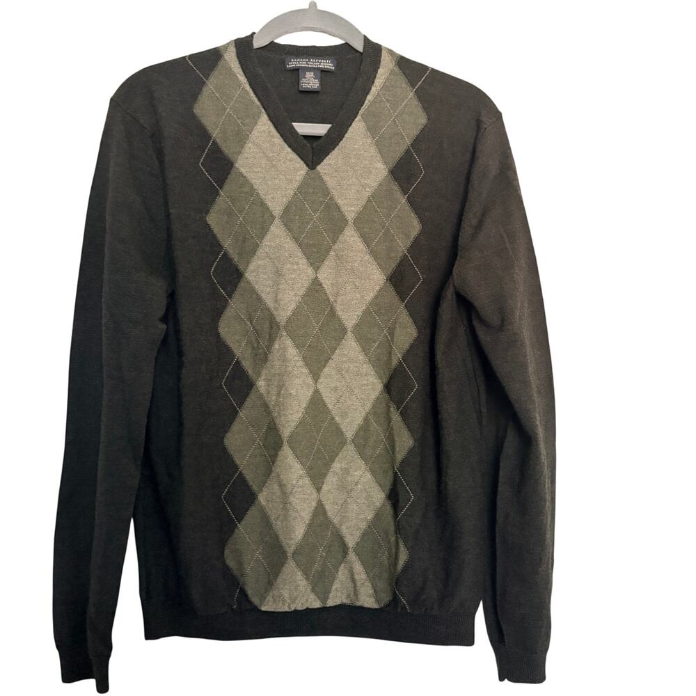Banana Republic Men M MerinoWool Argyle Sweater VNeck Preppy Brown DarkAcademia
